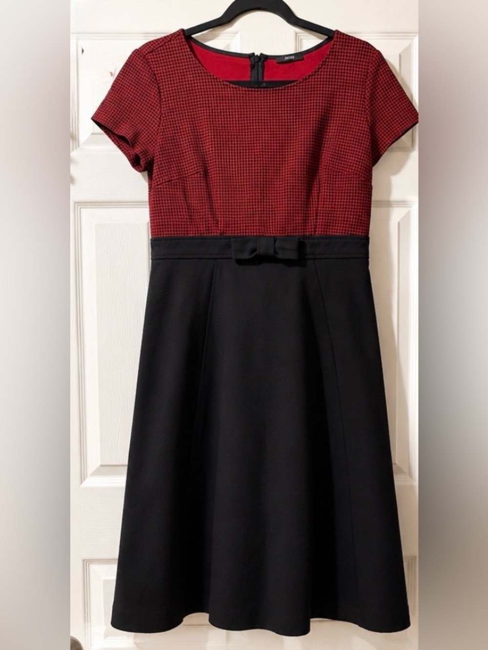 JACOB Red & Black Check Fit & Flare Dress Bow Waist Small - Picture 3 of 6